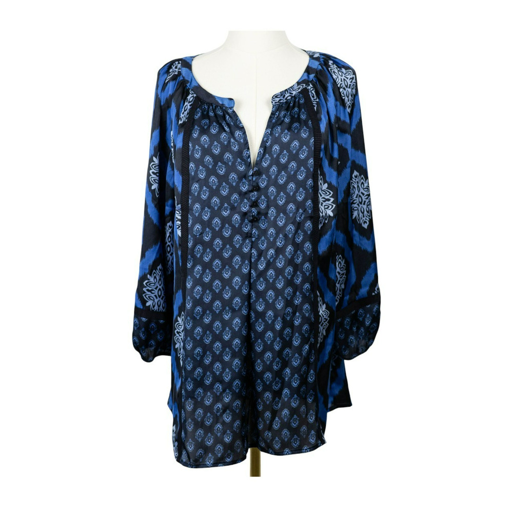 Jones New York Signature Large Blouse 3/4 Sleeve Floral Paisley Blue Black